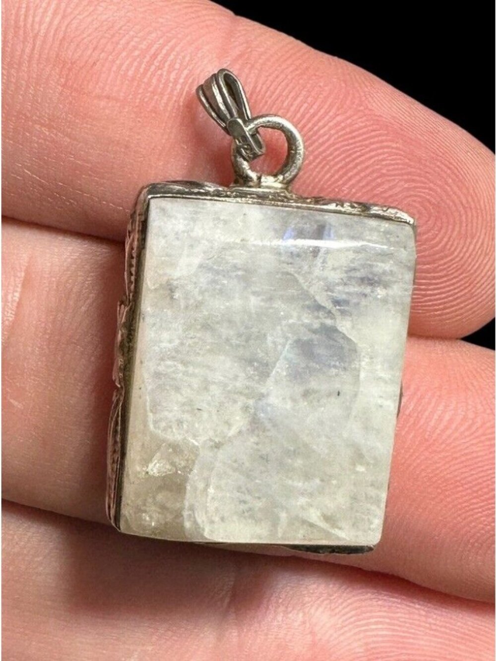 Pendant 925 Moonstone Floral Etched Rectangle Dangle Mid Century Modernist